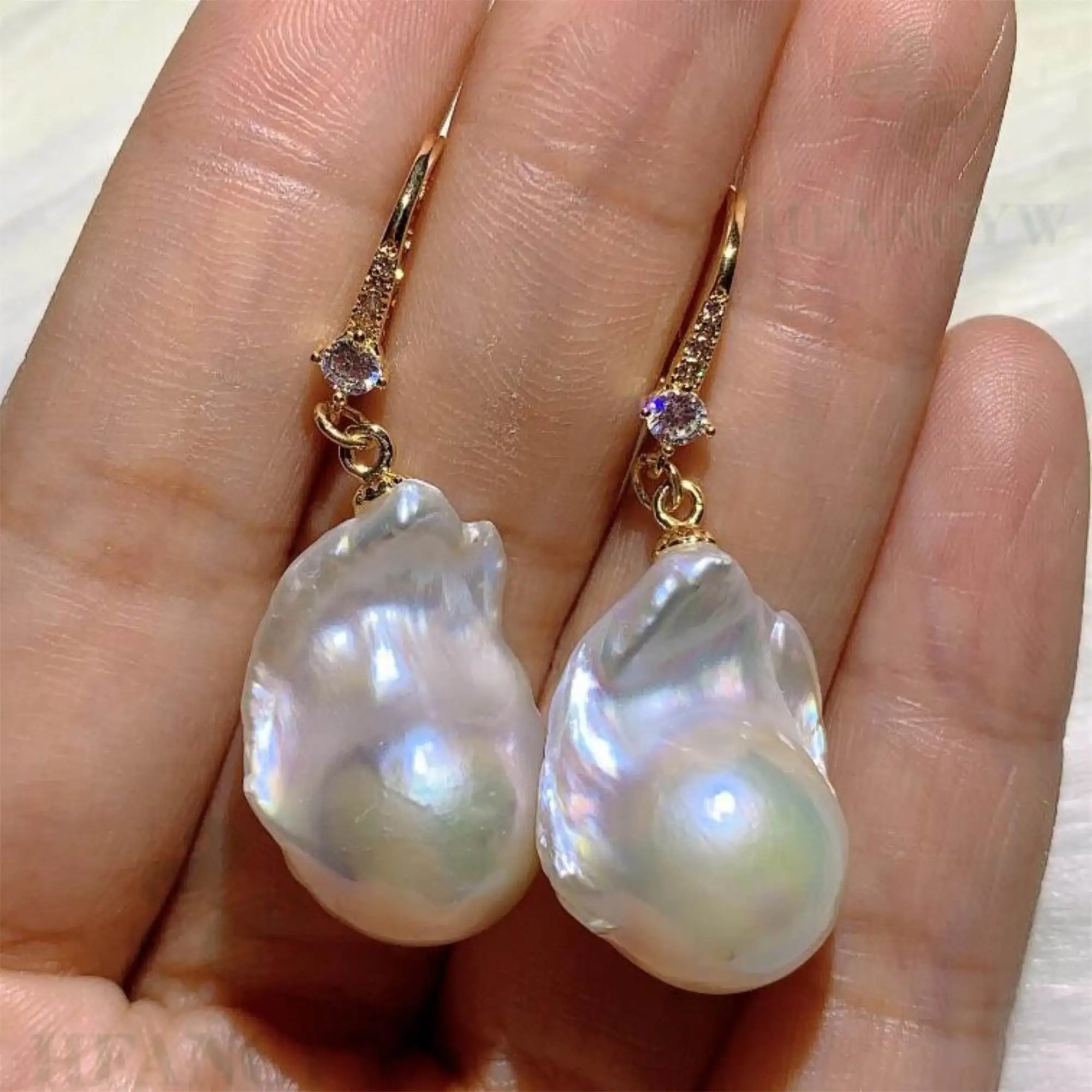 White Baroque Pearl Earring 18k Zircon Ear Stud  Crystal Dangling Women Party Silver Stud Gold Drop