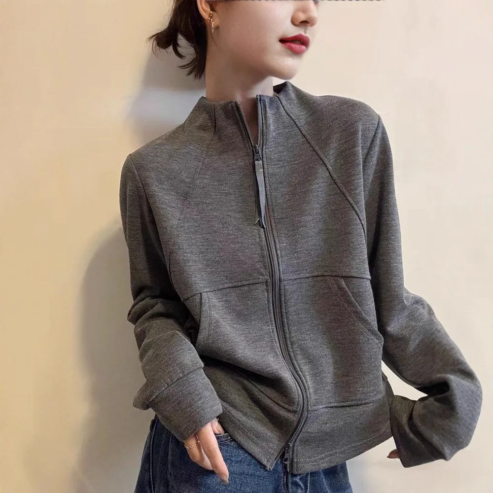 

25 Autumn New Solid Color Zipper Sports Style Long Sleeve Sweater Cardigan Front Shoulder Temperament Commuter Zipper Jacket Top