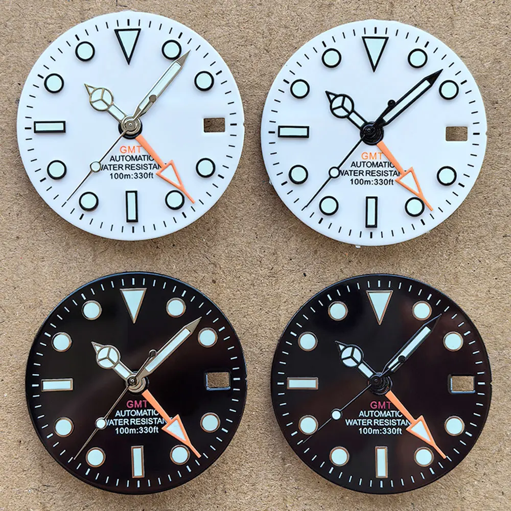 NH34 NH34A Movement GMT 28.5mm White Black Sterile Watch GMT Mark Dial Luminous Watches Four Needle Parts Accessories