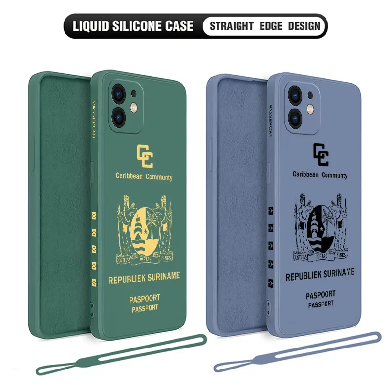 

Suriname Passport Phone Case For iPhone 15 14 13 12 11 Pro Max Mini X XR XSMAX 8 7 6S Plus Soft Silicone Cover With Hand Strap