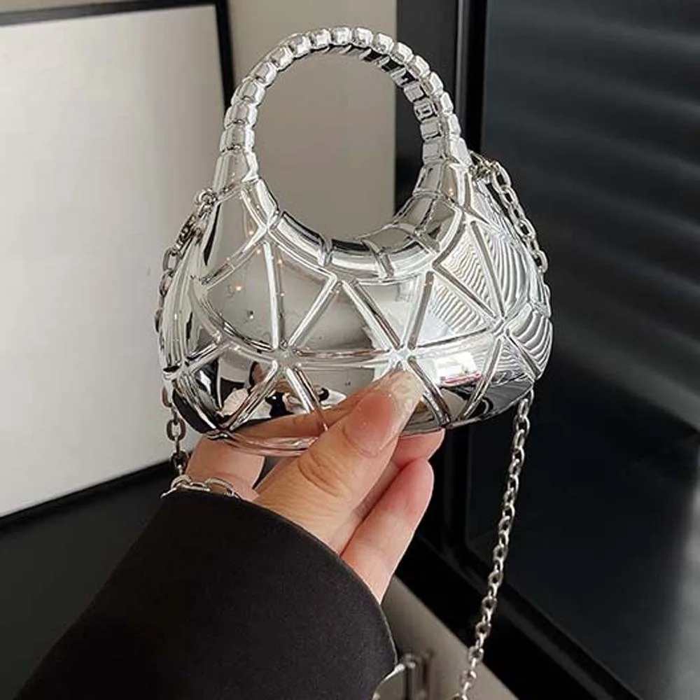 Mirror-like Surface Metallic Crescent Clutch Minimalist Silhouette Integrated Top Handle High-Shine Moon Bag Compact Interior