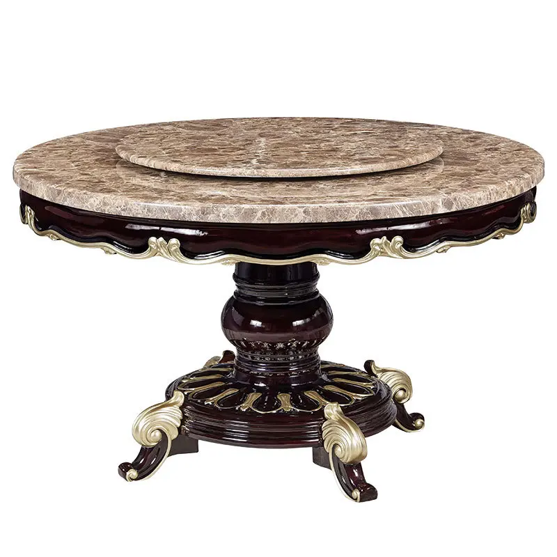 ^European-style Solid Wood Dining Table Chair Set Marble Top Swivel Tray Disassembly Assembly Upscale Vintage Home Dining