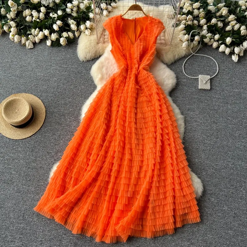 Vintage V Neck Sleeveless Pleated Mesh Elegant Slip Dress A-line High Waist Vacation Women Summer Vestidos Ball Gown Dresses