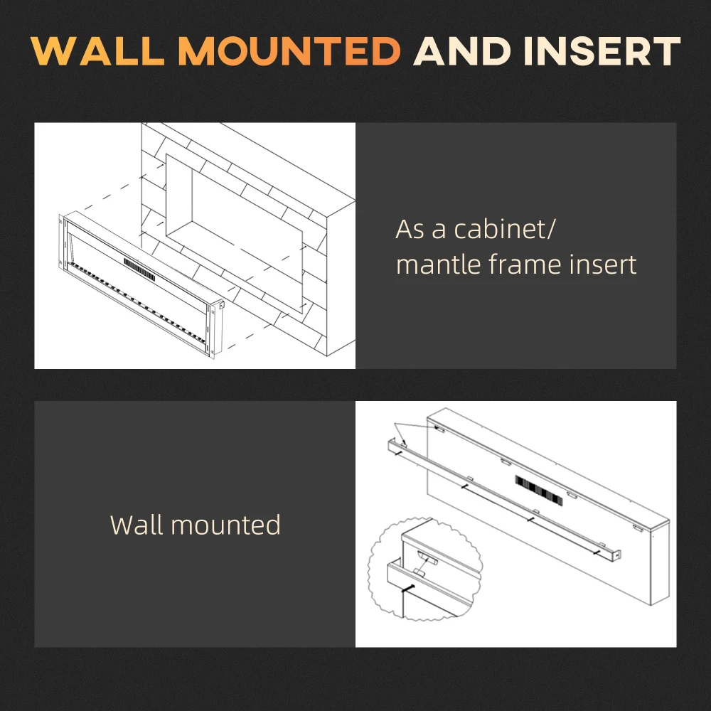 Camino elettrico da incasso e da parete da 50" con telecomando, stufa per camino da 1500 W con timer 8 ore, fiamma regolabile