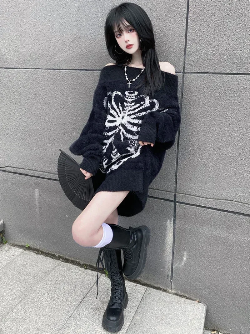 Goth crânio impressão harajuku camisola topos estéticos pulôver preto feminino harajuku moda streetwear topos 2000