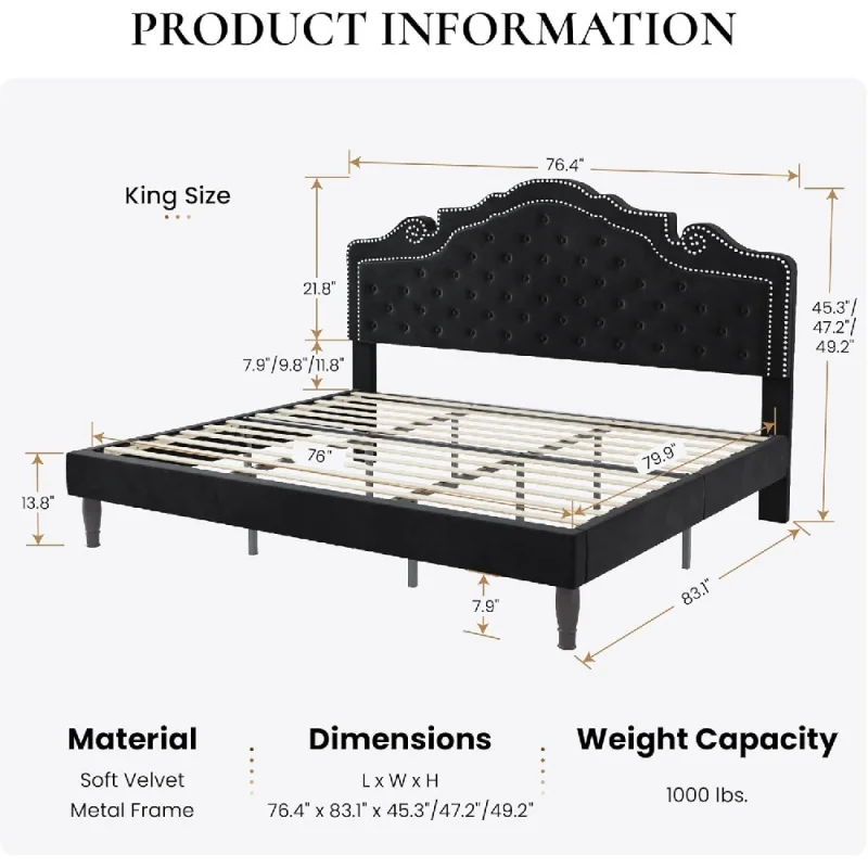 King Bed Frame With Adjustable Headboard/Velvet Upholstered Diamond Button Tufted And Metal Studs