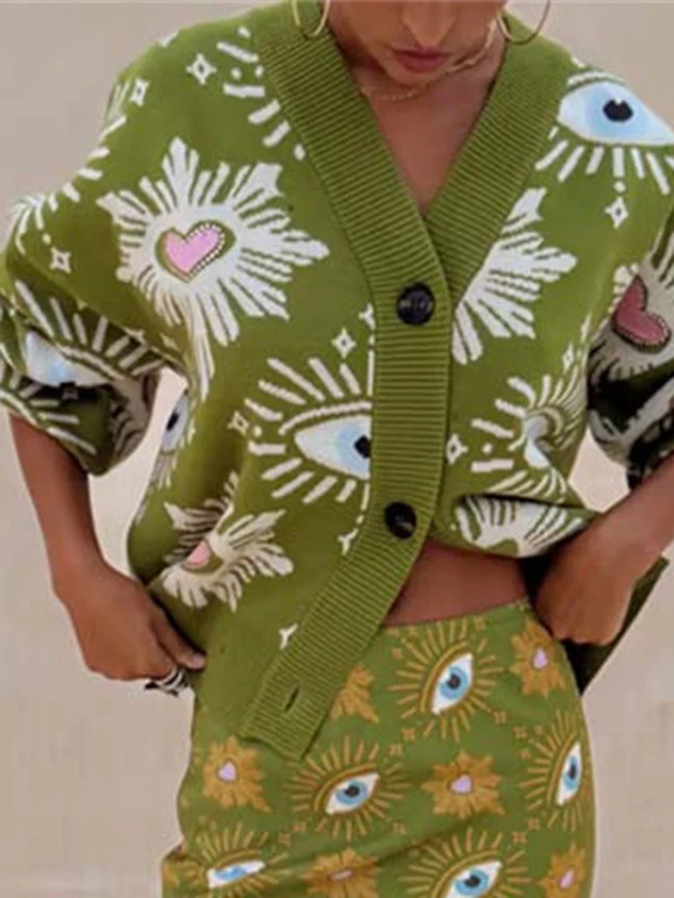 เสื้อคาร์ดิแกนถักคอวีสีตัดกันสไตล์วินเทจ แขนยาวพิมพ์ลาย เสื้อสเวตเตอร์ผู้หญิงทรงหลวม สไตล์ลำลอง เหมาะสำหรับใส่ไปทำงาน