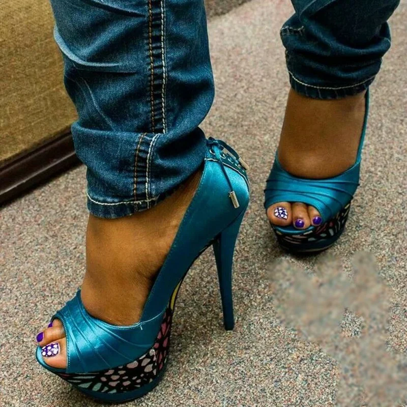

Blue Lace Up Slip On Platform Pumps Thin High Heel Sexy Fashionable Cool Summer Casual Big Size Woman Shoes Zapatillas Mujer
