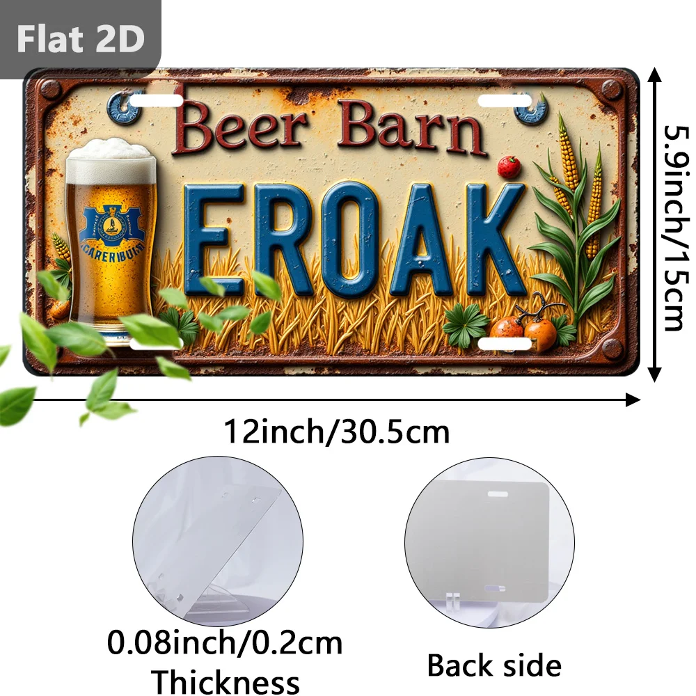Vintage Beer Barn Retro Metal Sign 12x5.9in - EROAK License Plate-Shaped Wall Decor with Beer Mug & Wheat Logo, Durable Rustic P