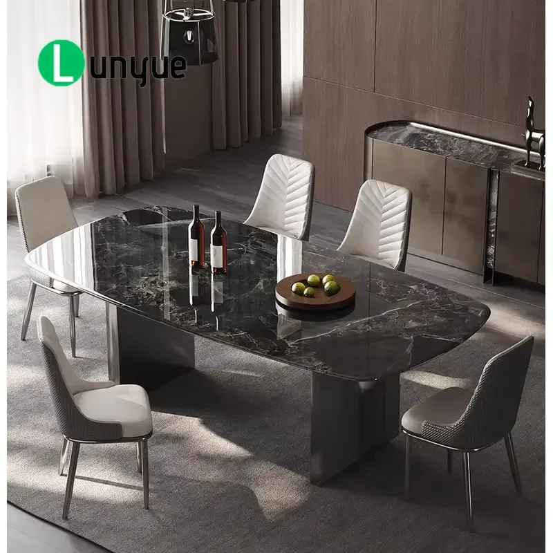 Luxury European Style Solid Wood Dining Table Set Rectangular 6 Chair Kitchen Table with Marble Top for Modern Home Furniture
