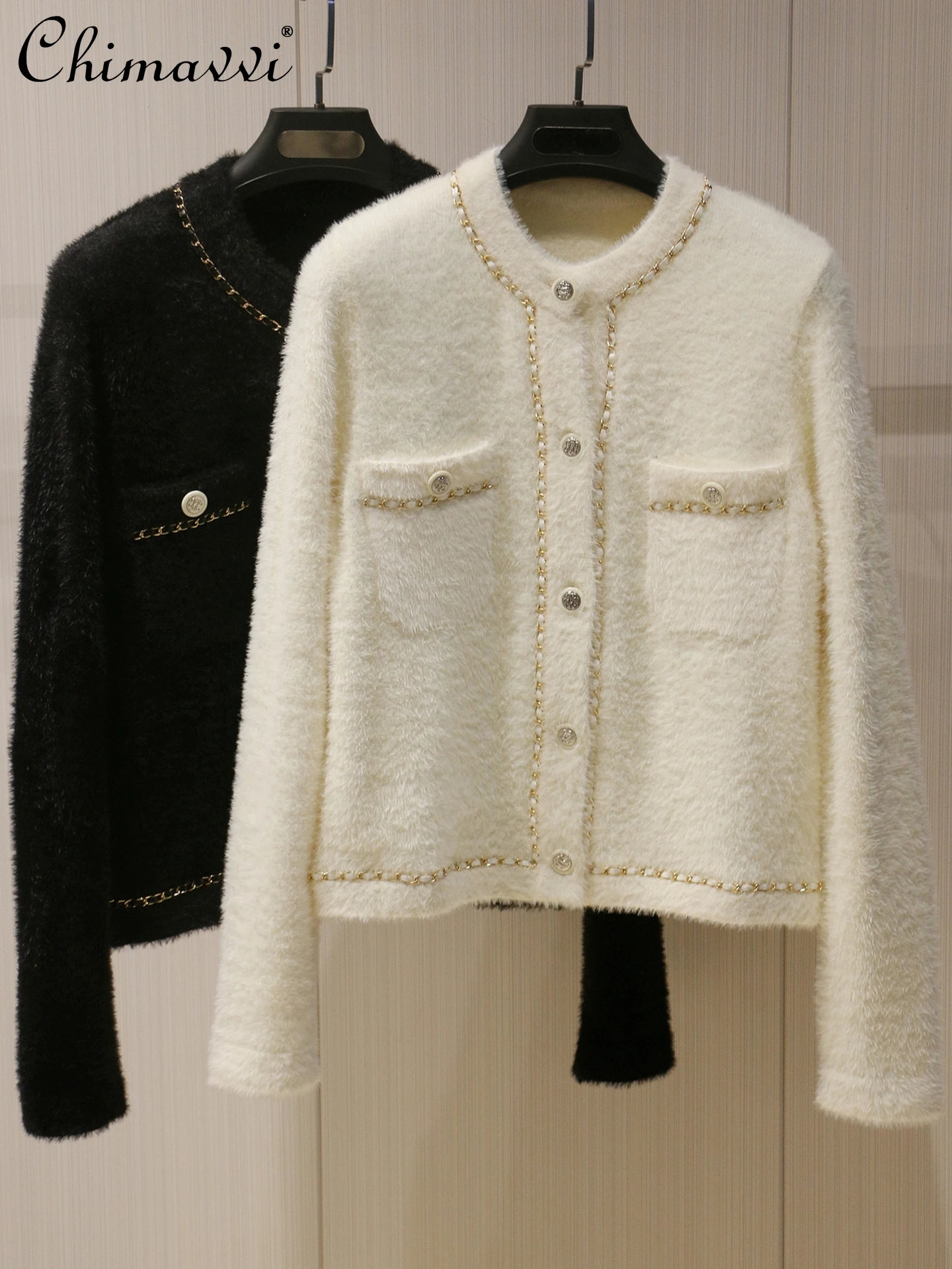 

Heavy Chain Gold Buckle Knitted Single-Breasted Cardigan Women Autumn Winter New Luxury Soft Fluffy Elegant Fuzzy Sweater Coat