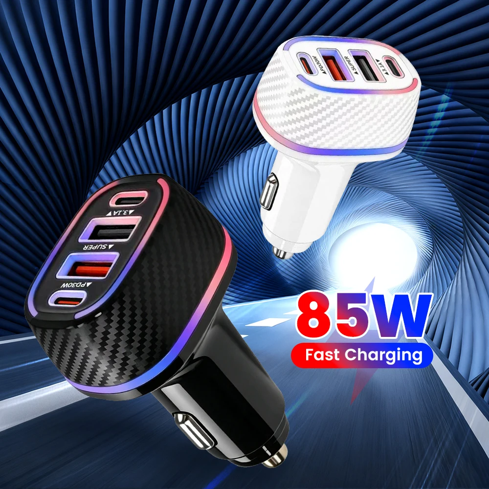 85W 2USB+2 Type C Fast Charge Car Charger QC 3.0 Super Charging Mobile Phone Charger for Iphone 17 16 Samsung POCO Realme