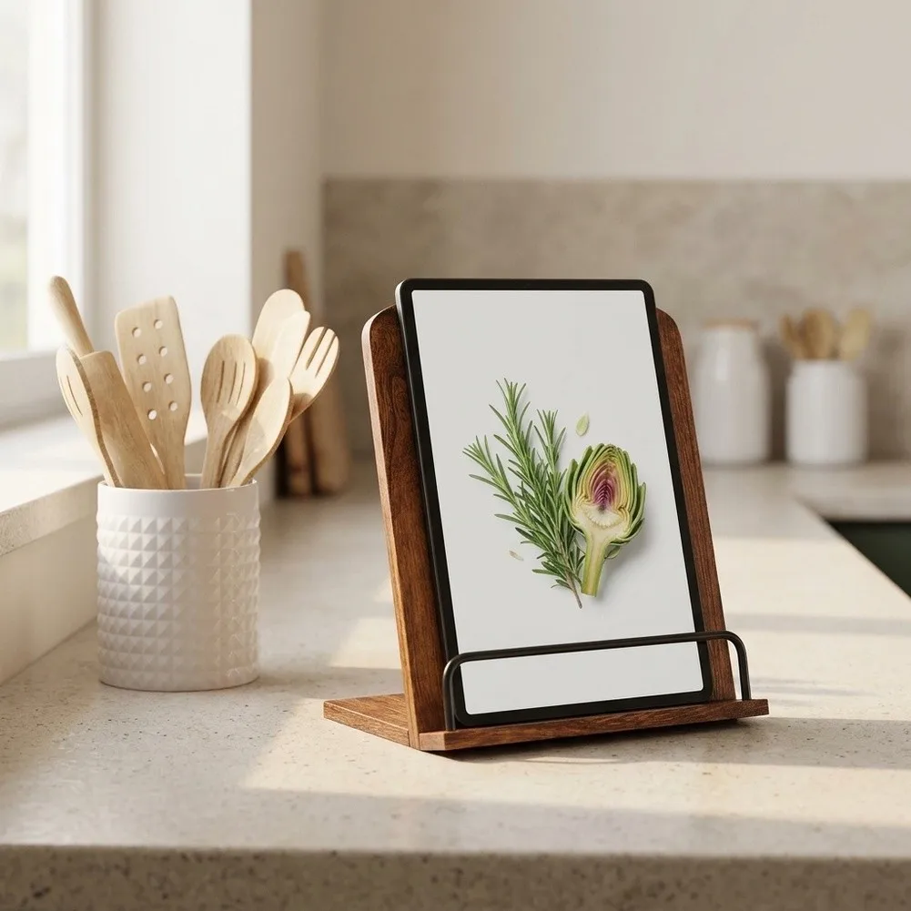 Adjustable Wooden Cookbook Stand For Kitchen Counter Decor, Sturdy Recipe Book Holder For Tablets Smartphones Home Organization
