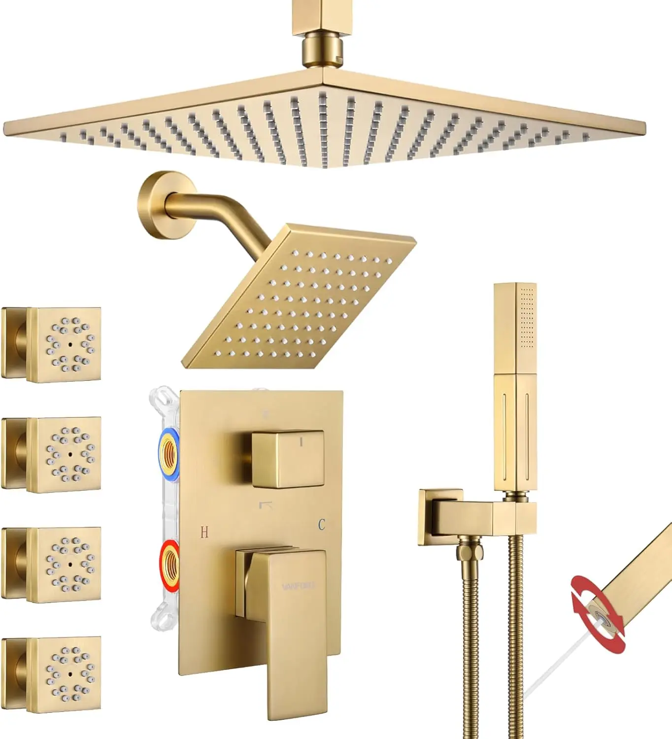 Vanfoxle Shower Faucet Set Brushed Gold Shower System,Four Modes Shower Faucet With 2 In 1 Handheld,Ceiling Mount 10 Inch