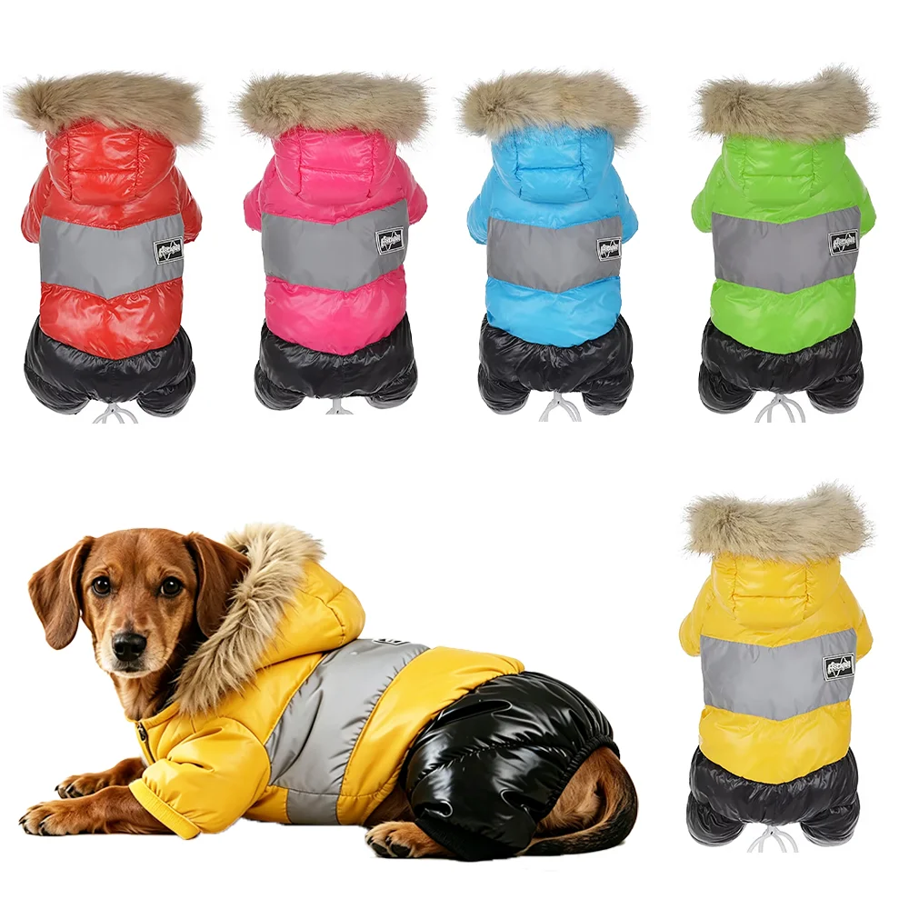 Winterwarme Hundejacke für kleine und mittelgroße Hunde und Katzen, reflektierender Welpenoverall mit Leinenloch, Haustier-Hoodies, Dackel-Bulldoggen-Mantel