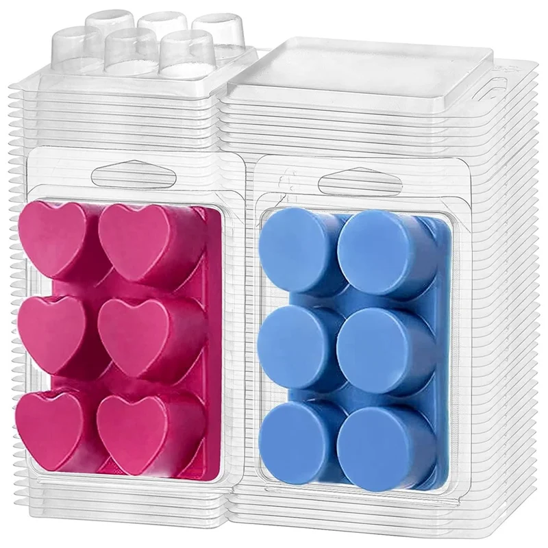 

A36T-100PCS Wax Melt Clamshell Mold 6-Cavity Clearmold Empty Plastic Wax Melt Container For DIY Wax Melt , Heart And Round
