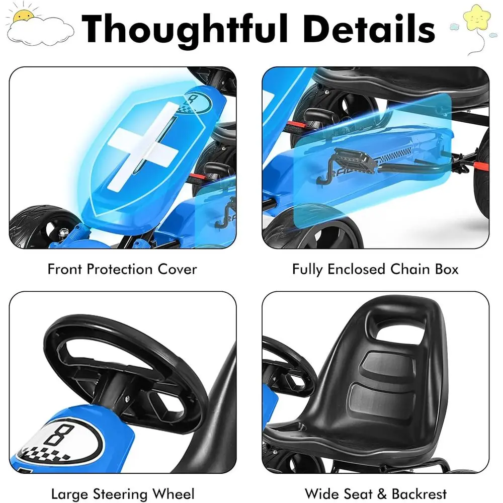 Go Kart à pédale, jouet de conduite à 4 roues, voiture à pédale avec siège ergonomique réglable, frein à main, roues en caoutchouc antidérapantes,