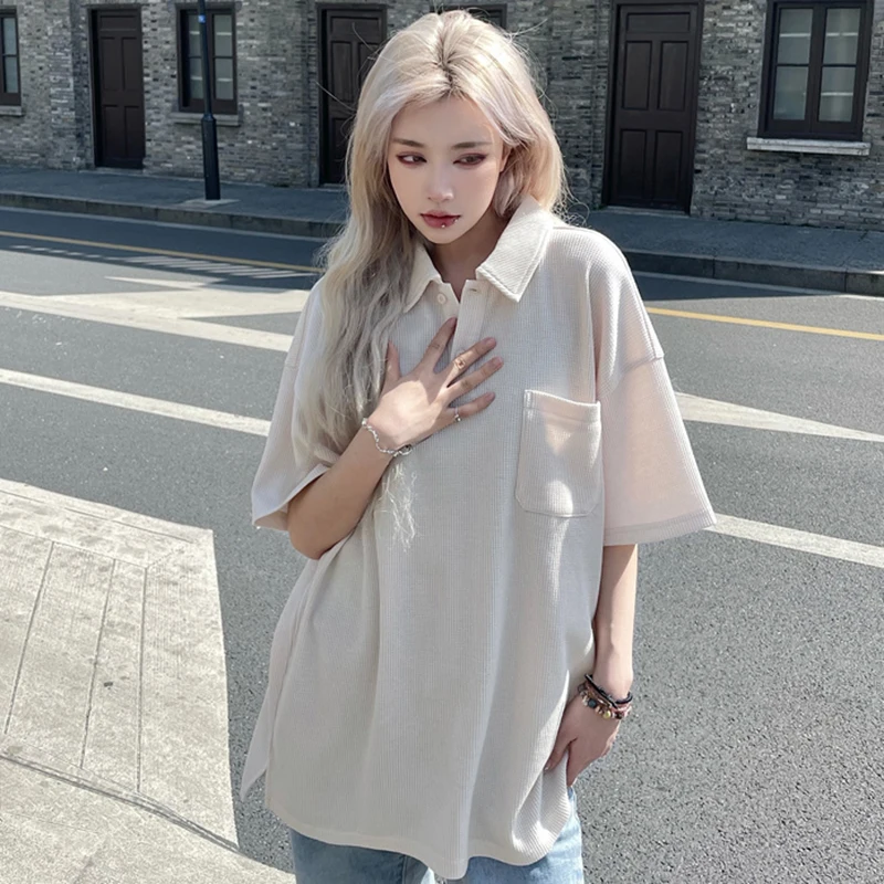 Waffle Vintage Polo Oversized Side Slit 2022 Summer Short Sleeve Women T Shirts Korean Pullover Japanese Fashion Harajuku Tops