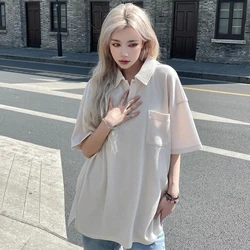 Waffle Vintage Polo Oversized Side Slit 2022 Summer Short Sleeve Women T Shirts Korean Pullover Japanese Fashion Harajuku Tops