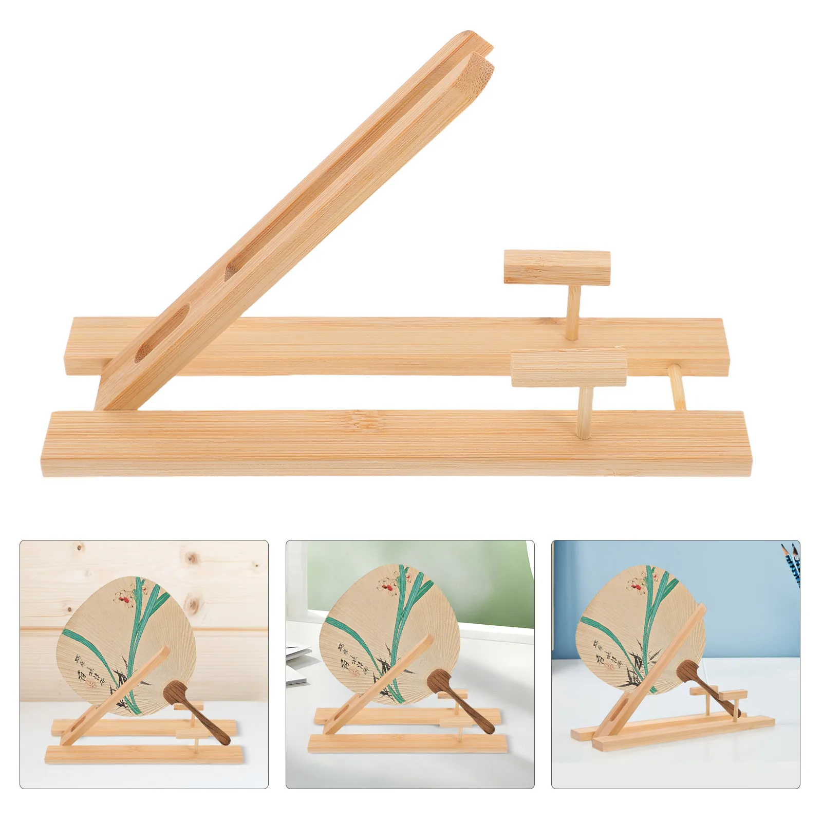 

2pcs Folding Fan Stand Slide Display Rack Wood Hand Fan Holder Light Brown Decorative Home Accessories Durable Wooden Material