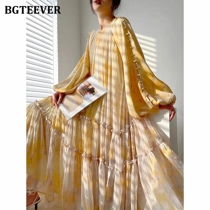 BGTEEVER Spring Summer Loose O-neck Ladies Printed Dress Elegant Lantern Sleeve Women Floral Mid-Length Dress Ladies Vestidos