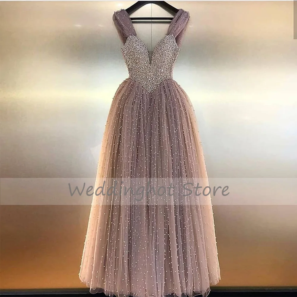 Luxury Graduation Prom Dress Lavender Tulle Off the Shoulder  Gowns for Youth Pearls Beading V Neck A Line Homecoming 