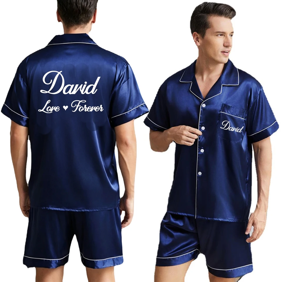Personalized Name Date Men Pajama Sets Microfiber Sleepwear For Sleeping Man Shirt Satin Pyjama Male Home Night Wear Loungewear