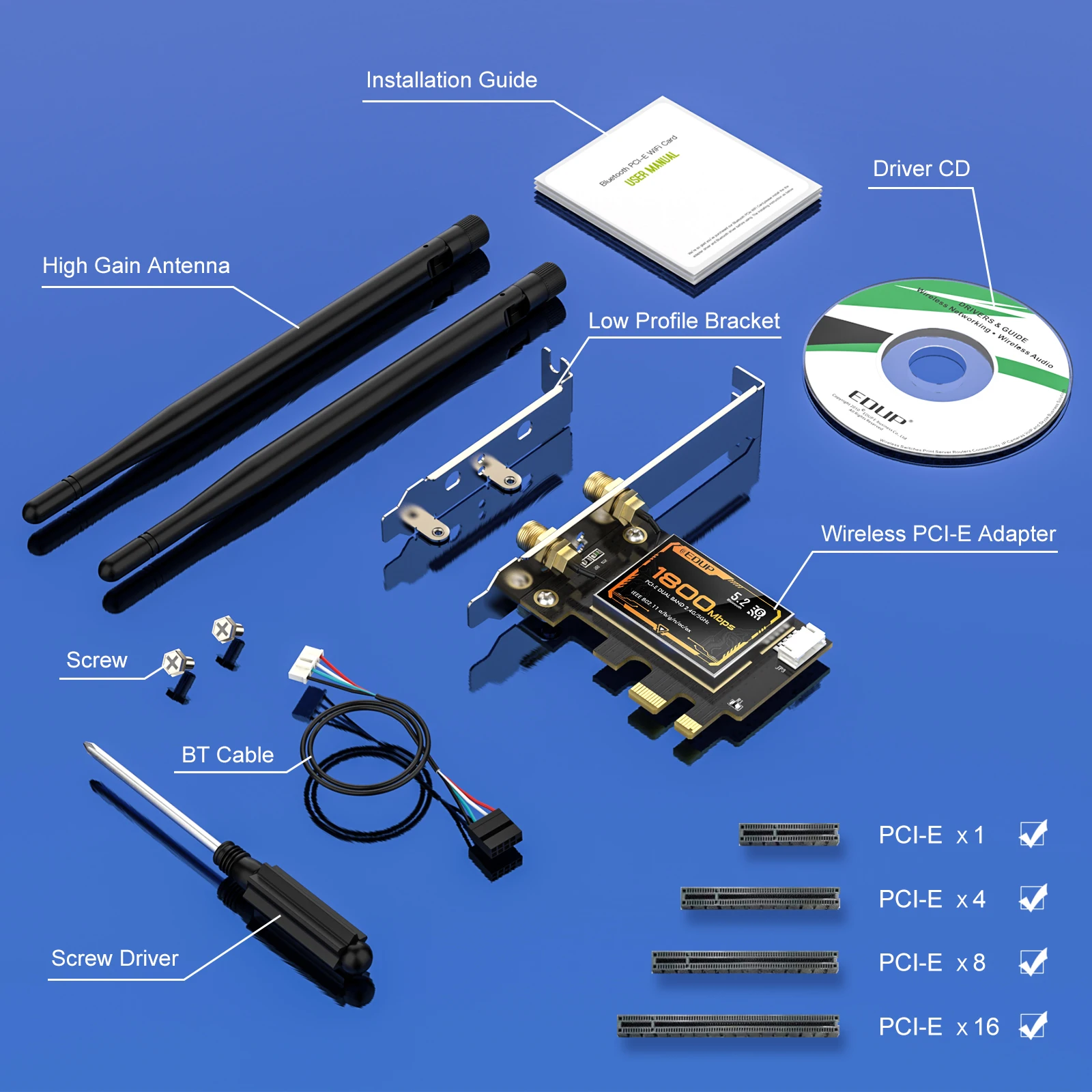 EDUP 9655 AX1800 WiFi6 Bluetooth 5.2 PCI-E بطاقة الشبكة محول شرائح قوي مع هوائيات 2 * 6dBi لنظام التشغيل Windows 10 و Linux