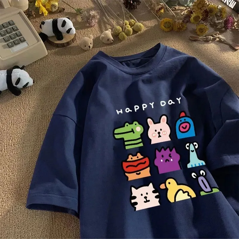 New Fashion Pure Cotton Hong Kong-style 2026 Summer Fun Printed Short-sleeved T-shirt for Women Loose Versatile Making Must-have