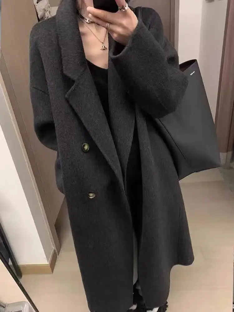 

Осень-зима 2022, новое двустороннее шерстяное пальто, женское длинное свободное шерстяное пальто в корейском стиле, темпераментное тонкое женское пальто