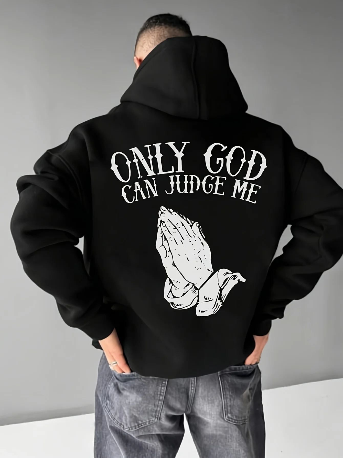 Men's Casual Hoodie with Gesture and Letter Print, Autumn/Winter Gift, Unisex Style, Bestseller, Soft and Breathable, Lightweight, Crew Neck, Regular Fit, Machine Washable, Comfortable, Black, Sizes S to Xxxl, Casual Wear