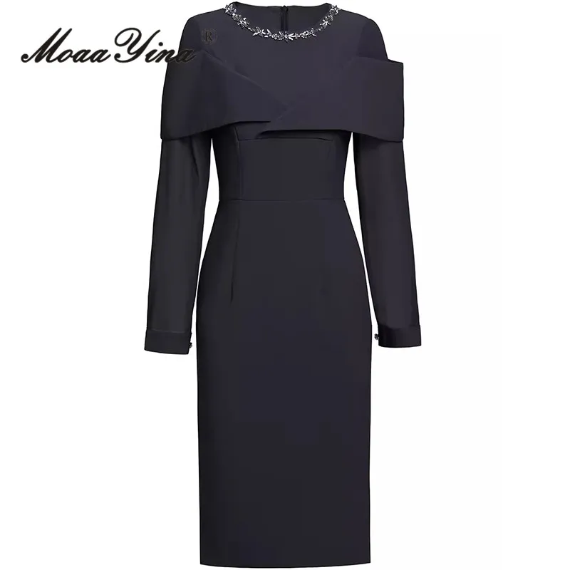 

MoaaYina Fashion Runway Autumn Winter Dress Women's Long-Sleeved Crystal High Waiste Slim-Fit Hip Wrap Straight Commuter Dress