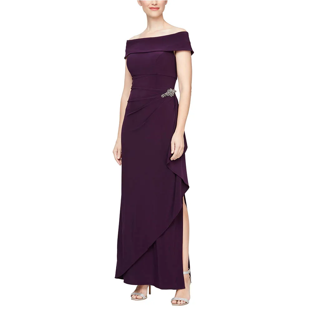

Customized Womens Long Foldover Off The Shoulder Gown Formal Event Mother of The Bride Dress Wedding Party Dresses