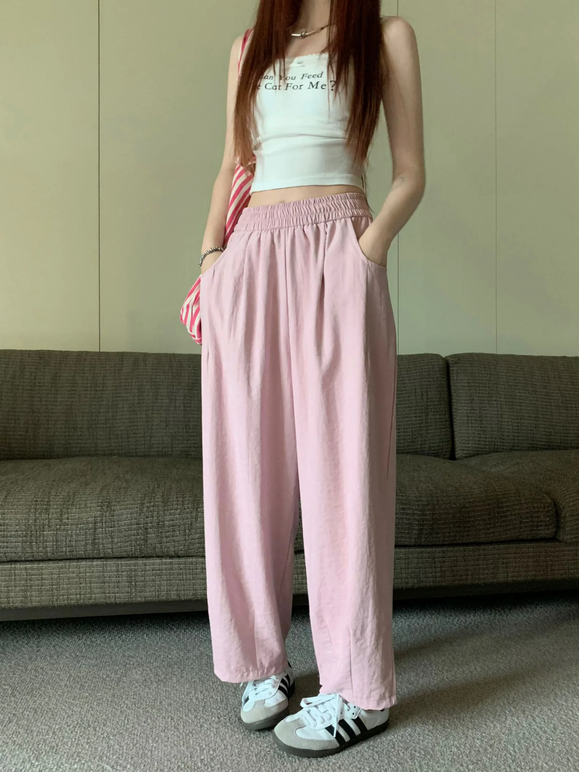 

2024 Big leg elastic high waisted wide leg cropped pants with a drooping and loose fit, lazy pants