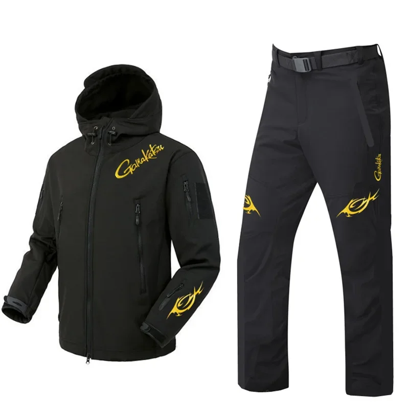 New Autumn and Winter Fleece Fishing Suit for Men Fleece Liner Fishing Jacket and Pants 2pcs Warm Clothes Set