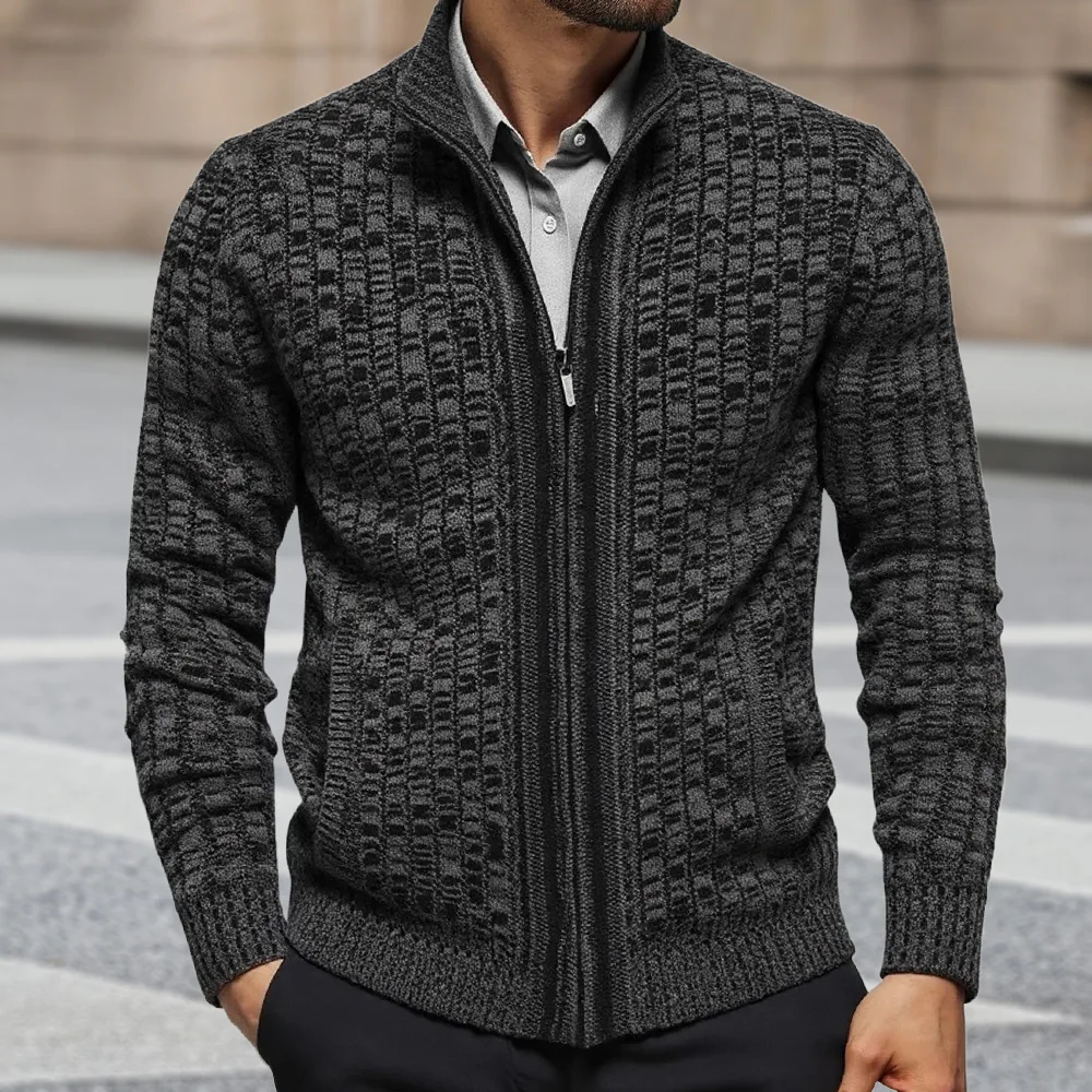 

Knitted Sweaters Patchwork Men Zipper Cardigan Spliced Sweater Long Sleeve Stand Collar Loose Pockets Casual Autumn 2025