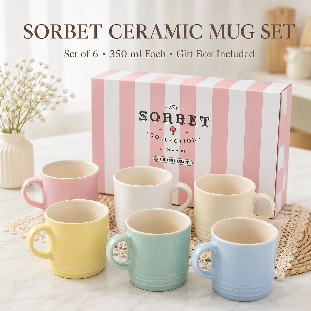 Набор из 6 кружек Le Creuset Sorbet Collection: пастельные керамические кофейные чашки объемом 12 унций в подарочной коробке, премиальные кружки для чая из каменной керамики.