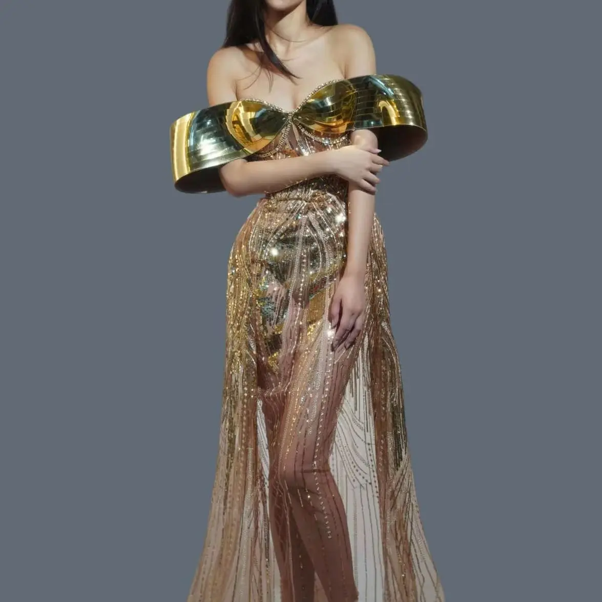 

Sexy Off Shoulder Long Dress Women See Through Mesh Backless Mesh Sequins Night Party Prom Dress Celebrate Evening Gown Qifeifei