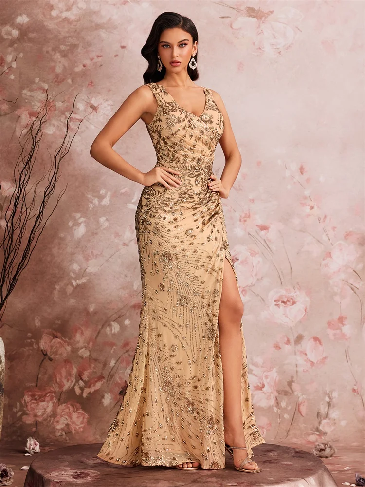 Lucyinlove Elegant Slit Evening Dress 2025 Women Long Mermaid Formal Sequrins Sexy V-neck Caicktail Wedding Party Prom Dresses
