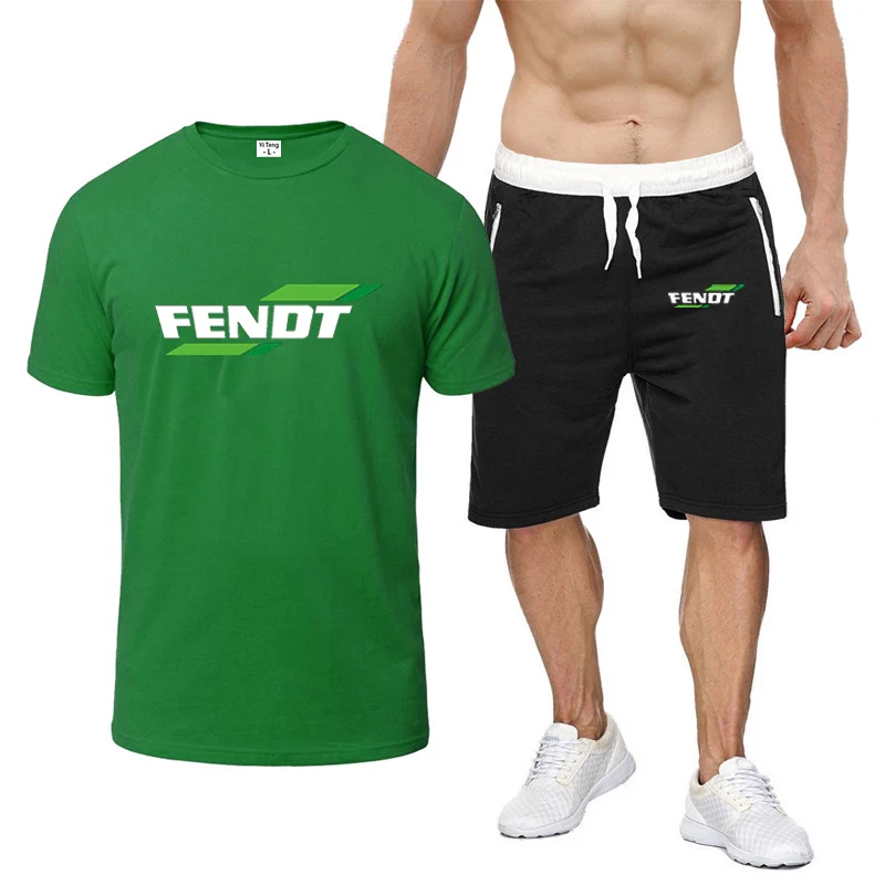 

2024 Summer Men's FENDT Logo Print Fashion Round Neck High Street T-Shirt+Comfortable Sports Shorts Solid Color Quick Drying Set