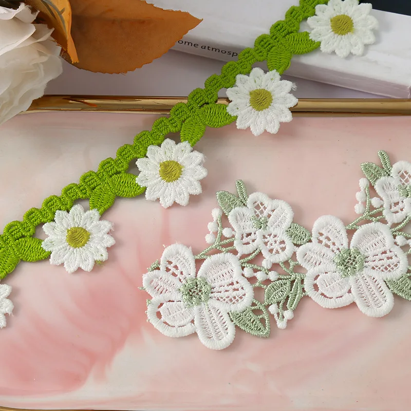 

30 ярдов/лот, бело-зеленое кружево с цветами, гипюровая вышивка, водорастворимая кружевная ткань для одежды, ажурное кружево