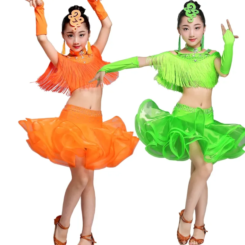 Vestido patinante com lantejoulas para meninas, roupas rave, borlas para salão de baile, roupas de dança latina infantil, performance salsa