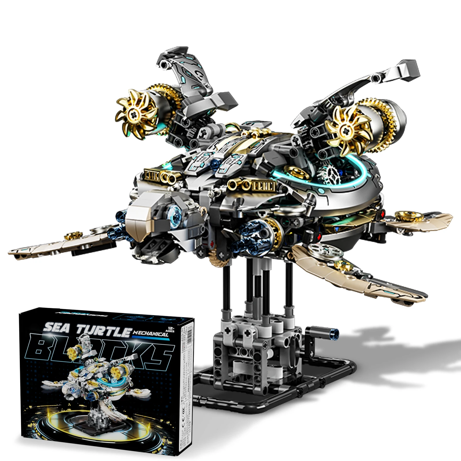 Steampunk Sea Turtle Building Set, Poseable Light-Up Mechanical Turtle Building Blocks, Gift for Teens and Adults