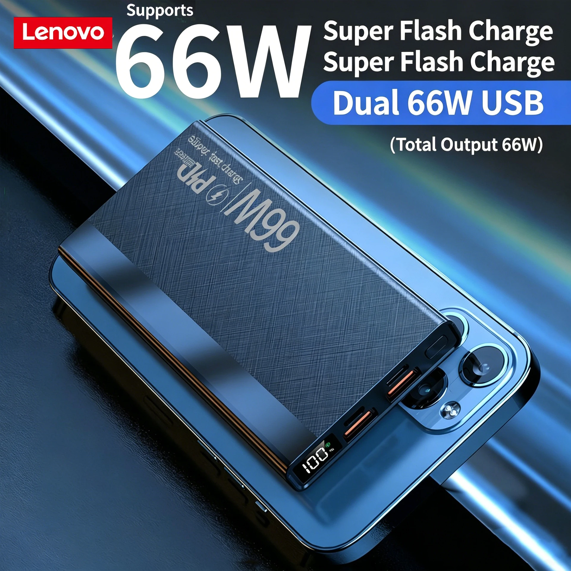 

Внешний аккумулятор Lenovo Real Capacity 66W с функцией сверхбыстрой зарядки, 20000 мАч, большой емкости, для iPhone, Samsung, Xiaomi