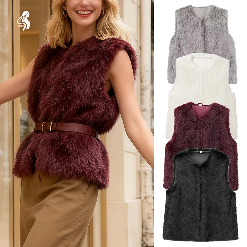 

Женский жилет с V-образным вырезом без рукавов на молнии из искусственного меха, модный и универсальный жилет, необходимый для осени и зимы Trafizaran