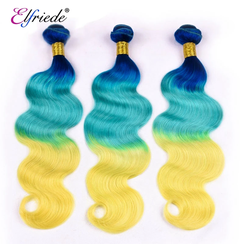 Elfriede Blue/Green/Yellow Body Wave Ombre Colored Hair Bundles with Frontal Human Hair Weaves 3 Bundles with Lace Frontal 13x4