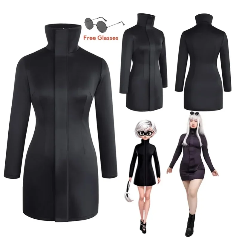 Damen Gojo Satoru Bodycon-Kleid Cosplay-Kostüm mit Brillen-Set für Mädchen Cosplay Dehnbarer Stoff Schwarzes Sexy Kleid Halloween