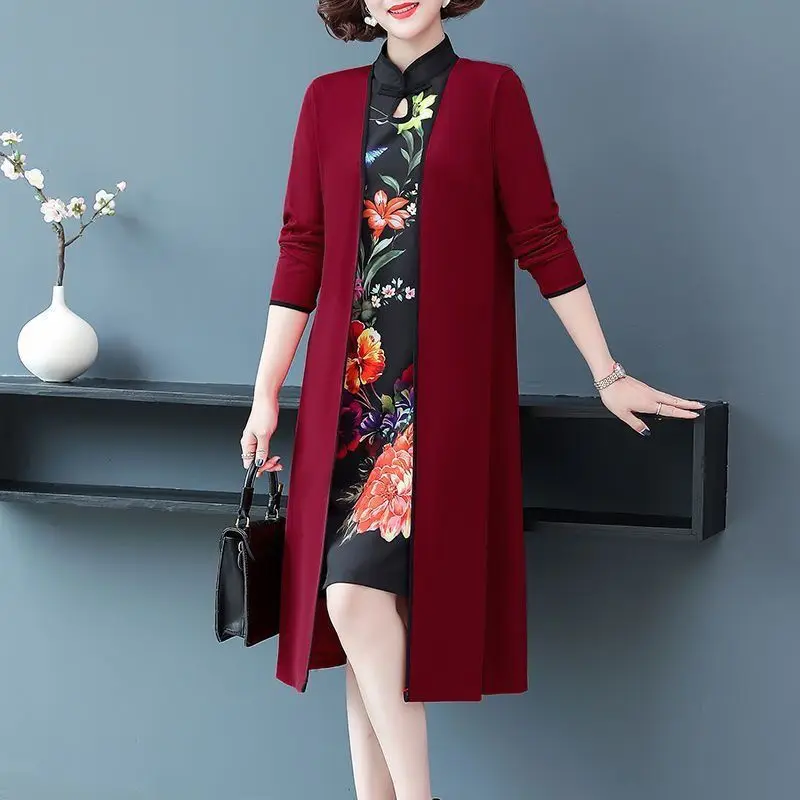 Middle-aged women's spring and autumn two-piece dress mother cheongsam dress windbreaker noble knitting long style