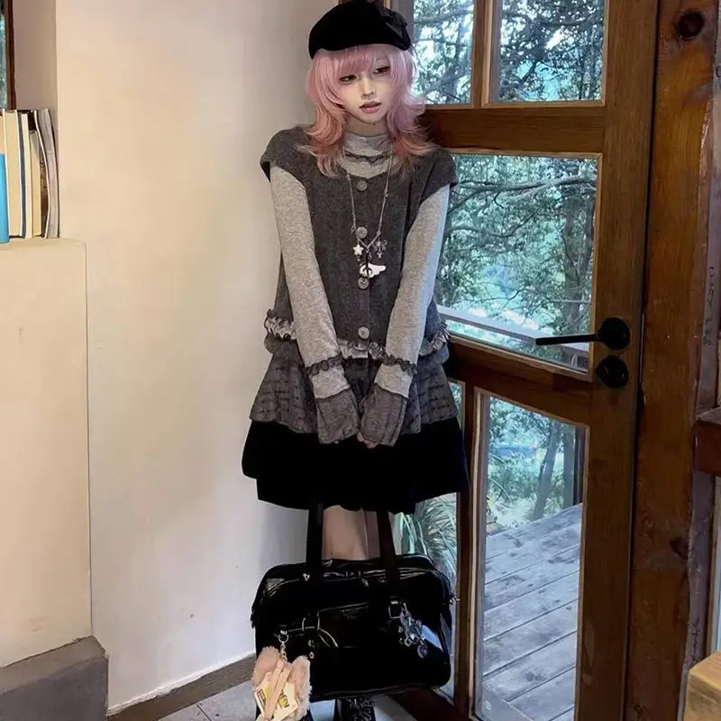 

Spring Sweet Vintage 3 Piece Set Women Casual Cardigan Vest + Y2k Slim Tops + High Waist Mini Skirt Elegant Harajuku Outfits New