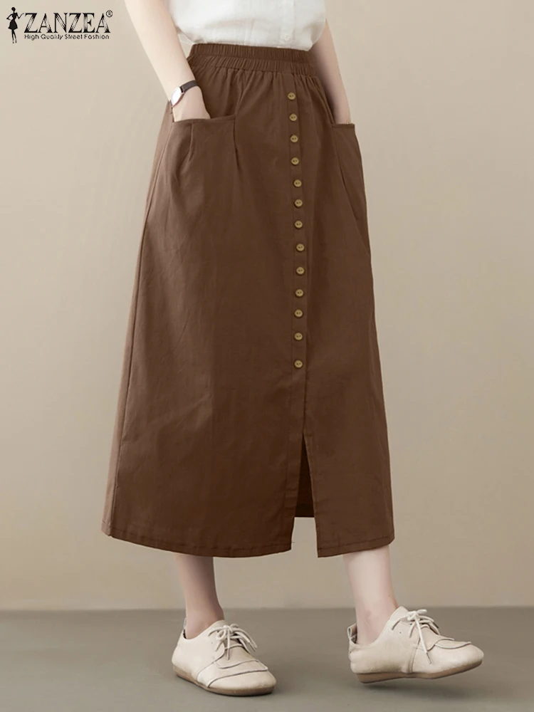 ZANZEA Fashion Solid Skirts Summer Elegant Elastic Waist Skirt Woman Casual Button Down Front Robe Female OL Work Jupe Oversized